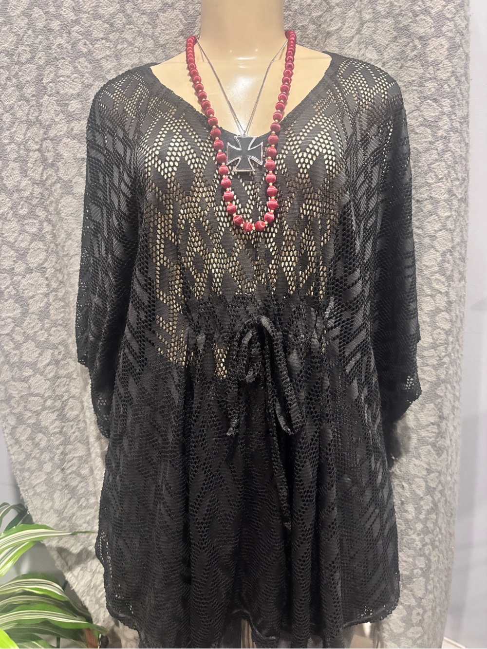 Stellah Black Open-Knit Crochet Tunic